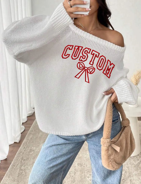 Embroidered Custom Bow Off the Shoulder Knit Sweater