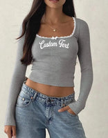 Custom College Ribbed Lace trim Long Sleeve Top