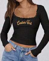 Custom College Ribbed Lace trim Long Sleeve Top