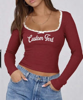 Custom College Ribbed Lace trim Long Sleeve Top