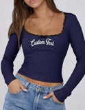 Custom College Ribbed Lace trim Long Sleeve Top