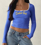 Custom College Ribbed Lace trim Long Sleeve Top