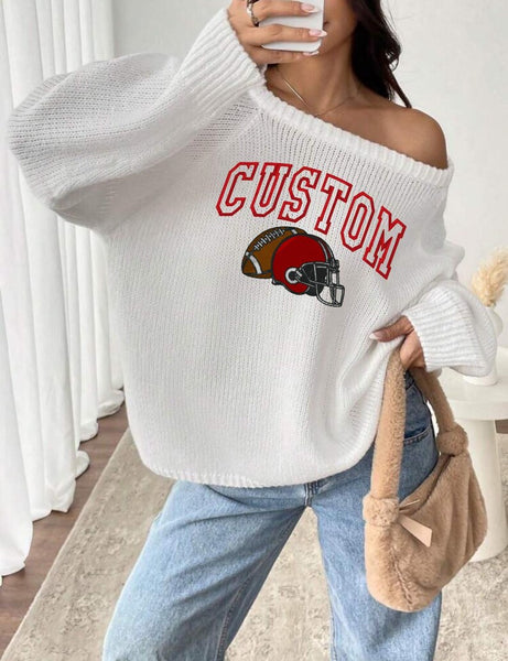 Embroidered Custom Football Off the Shoulder Knit Sweater.